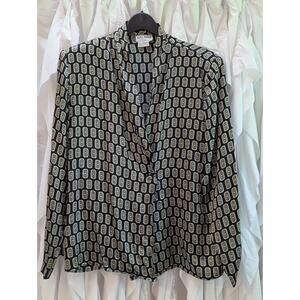 VTG Galinda Women's Shawl Collar Shacket 100% Silk Black w/Geometric Print